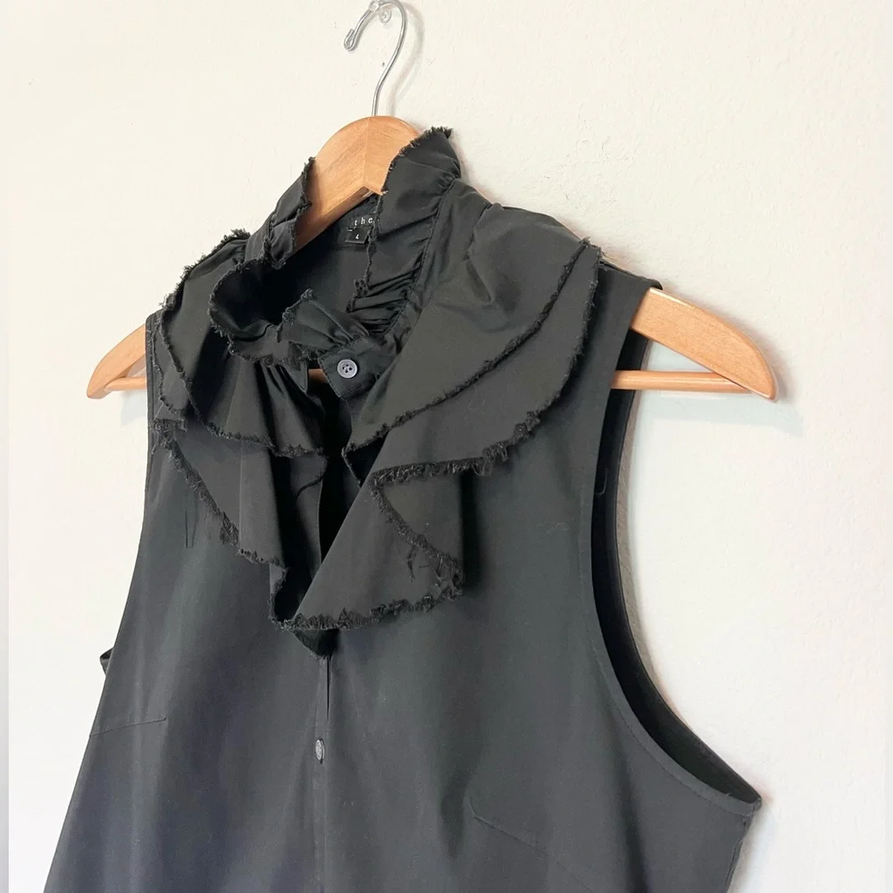 Theory Eve Luxe Black Sleeveless Button Up Ruffle Blouse Top